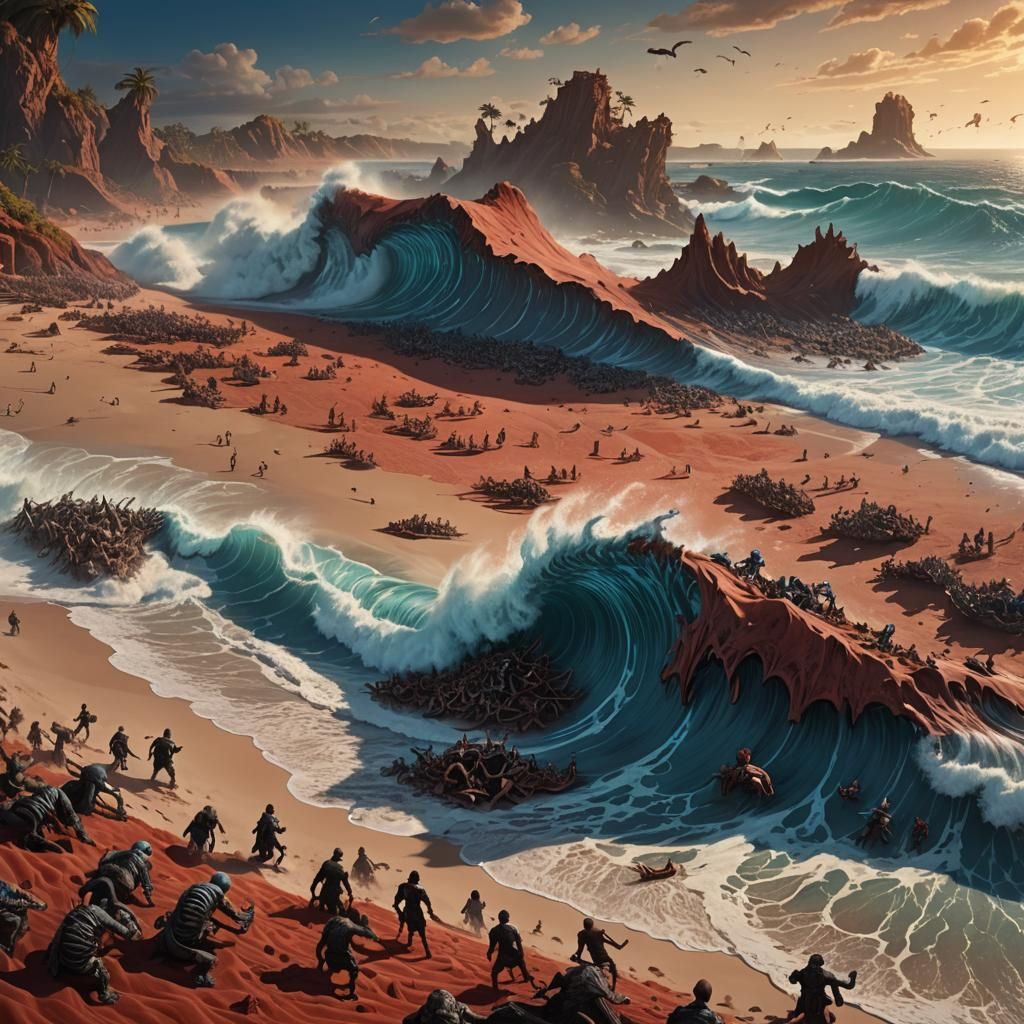 Red Sand Beach with Mythical Creatures, Fantasy Art