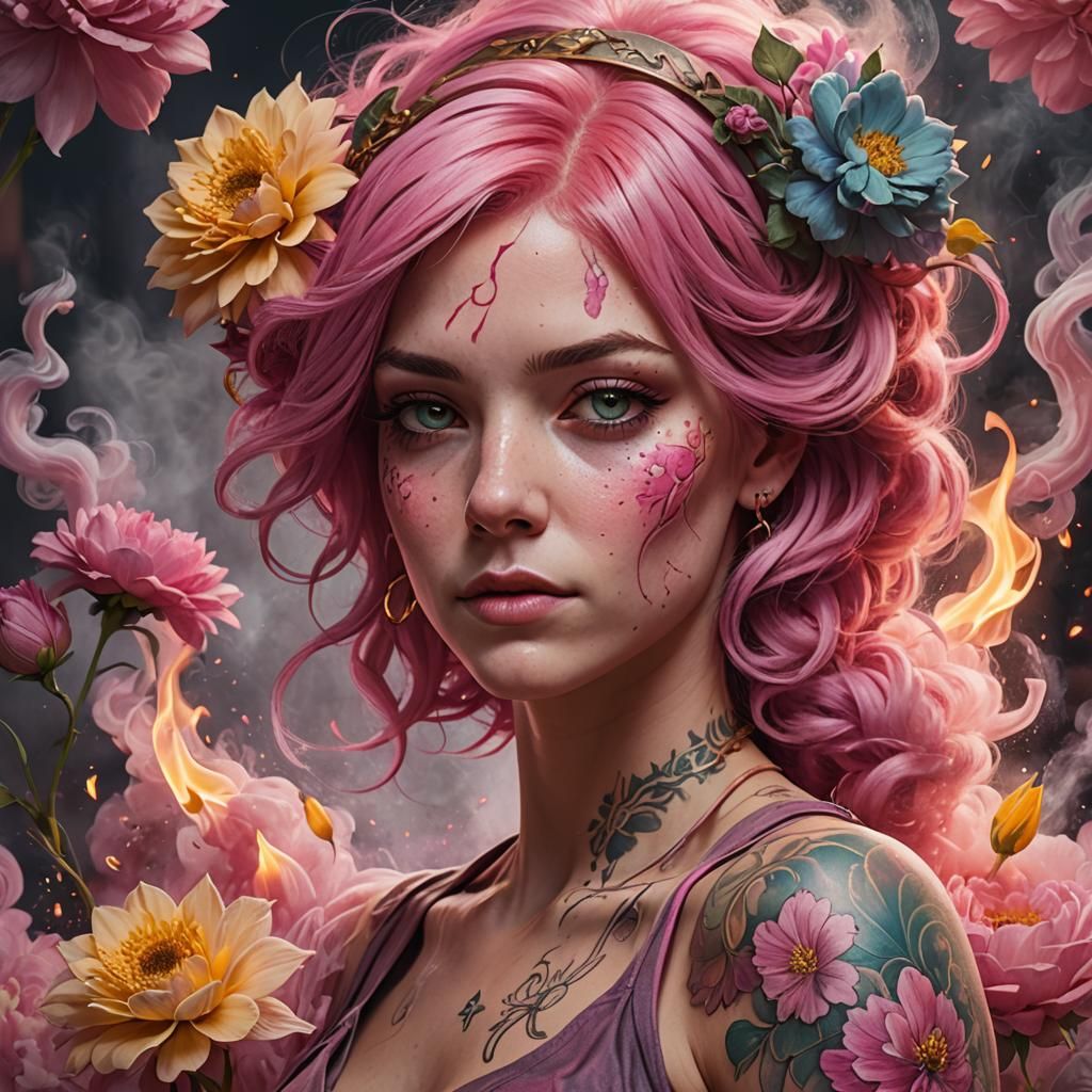 Pink Haired Woman with Flower Tattoo, Alphonse Mucha Style