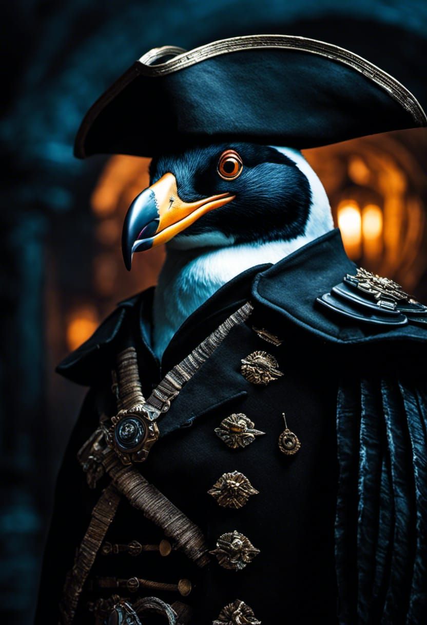 Fantasy Penguin Pirate Portrait in Dark Fantasy Style
