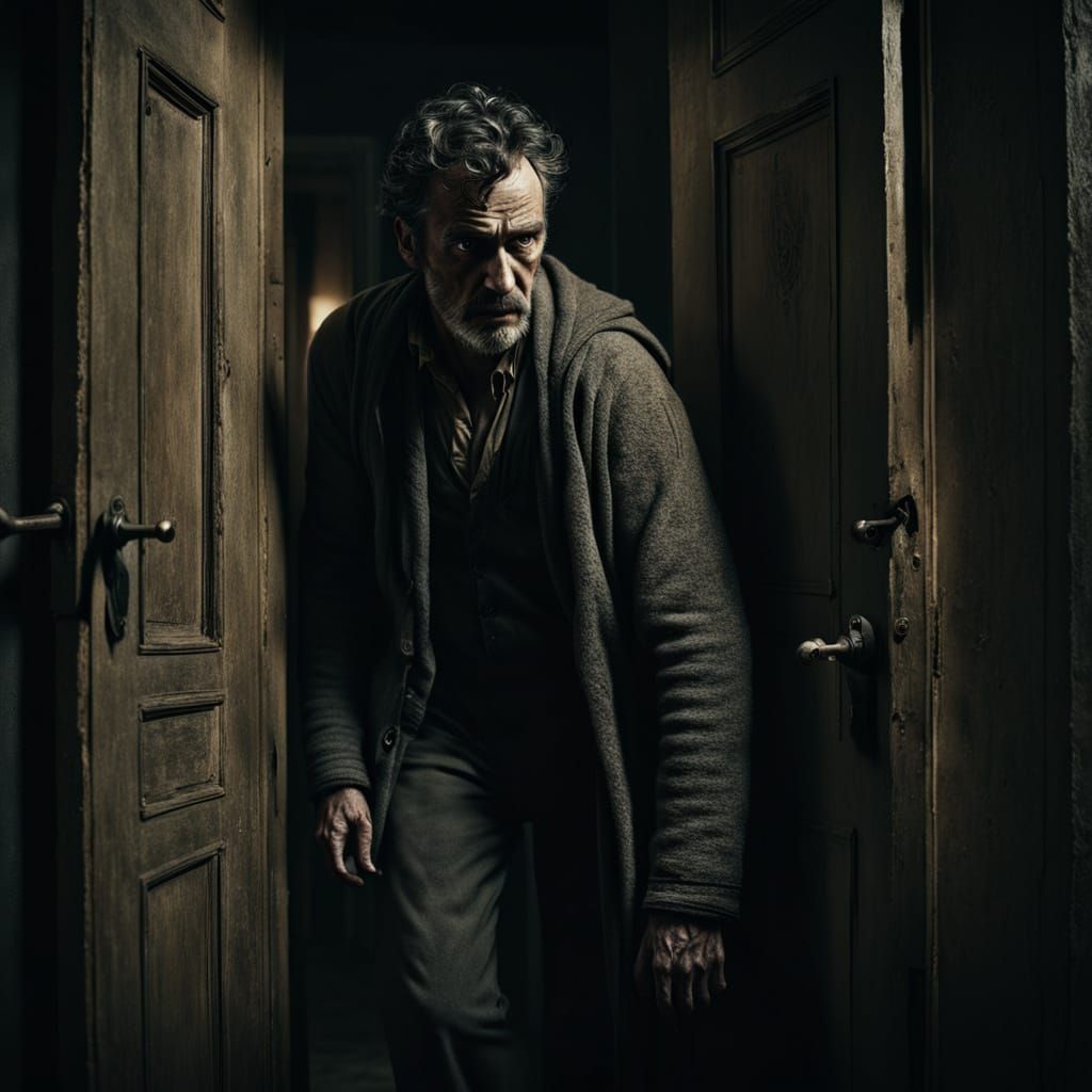 Dark Surrealism: Man at Door in Chiaroscuro
