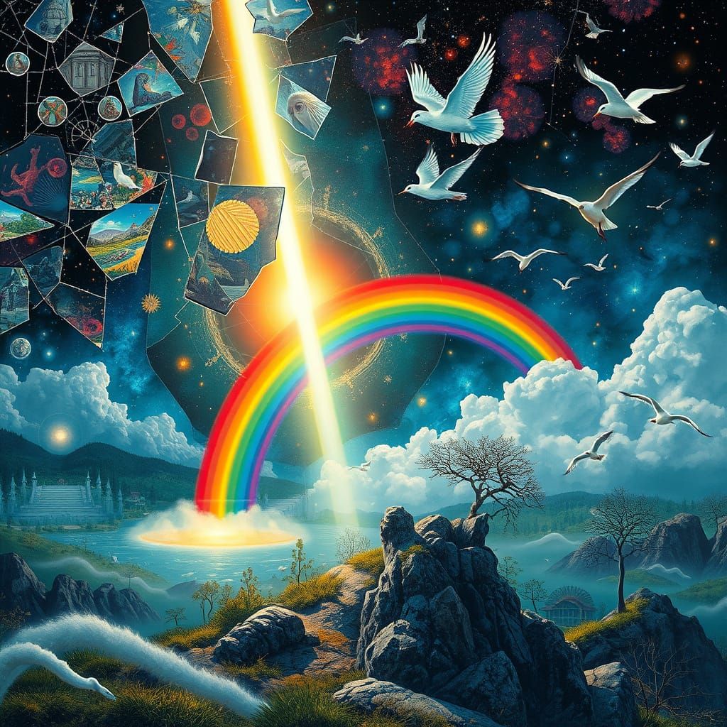 Surreal Dreamlike Collage with Rainbow Light