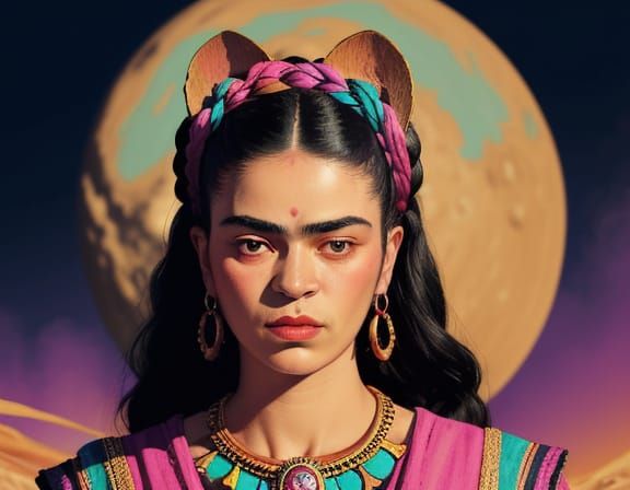 Bastet Warrior Portrait in Frida Kahlo Style