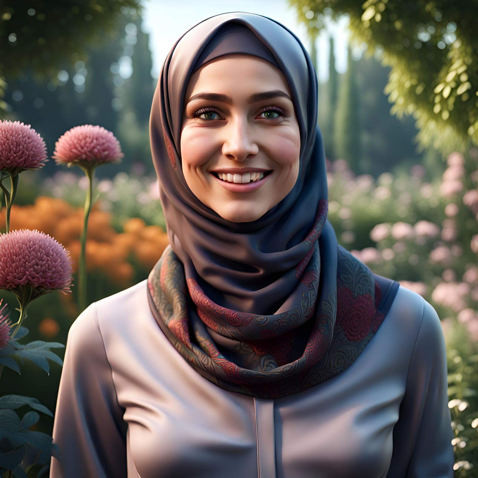 Beautiful Hijab Woman in Botanic Garden Digital Painting