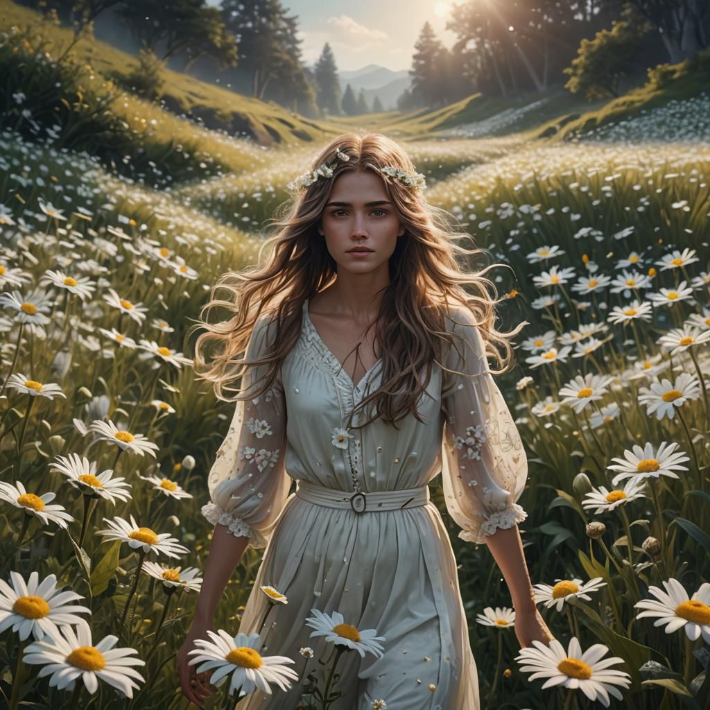 Ethereal Daisy Field with Woman, Detailed Matte Painting
