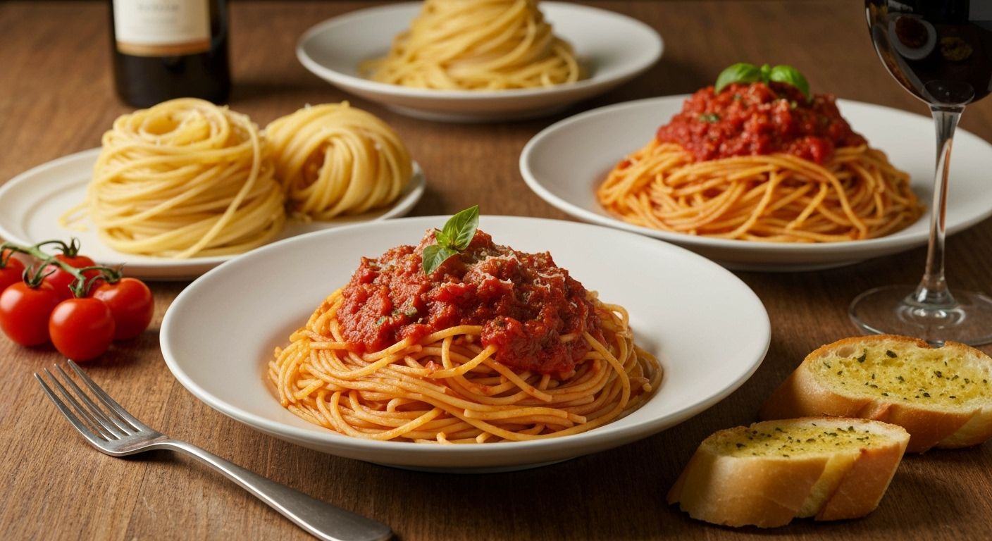 Hyperrealistic Pasta with Garlic Bread and Wine