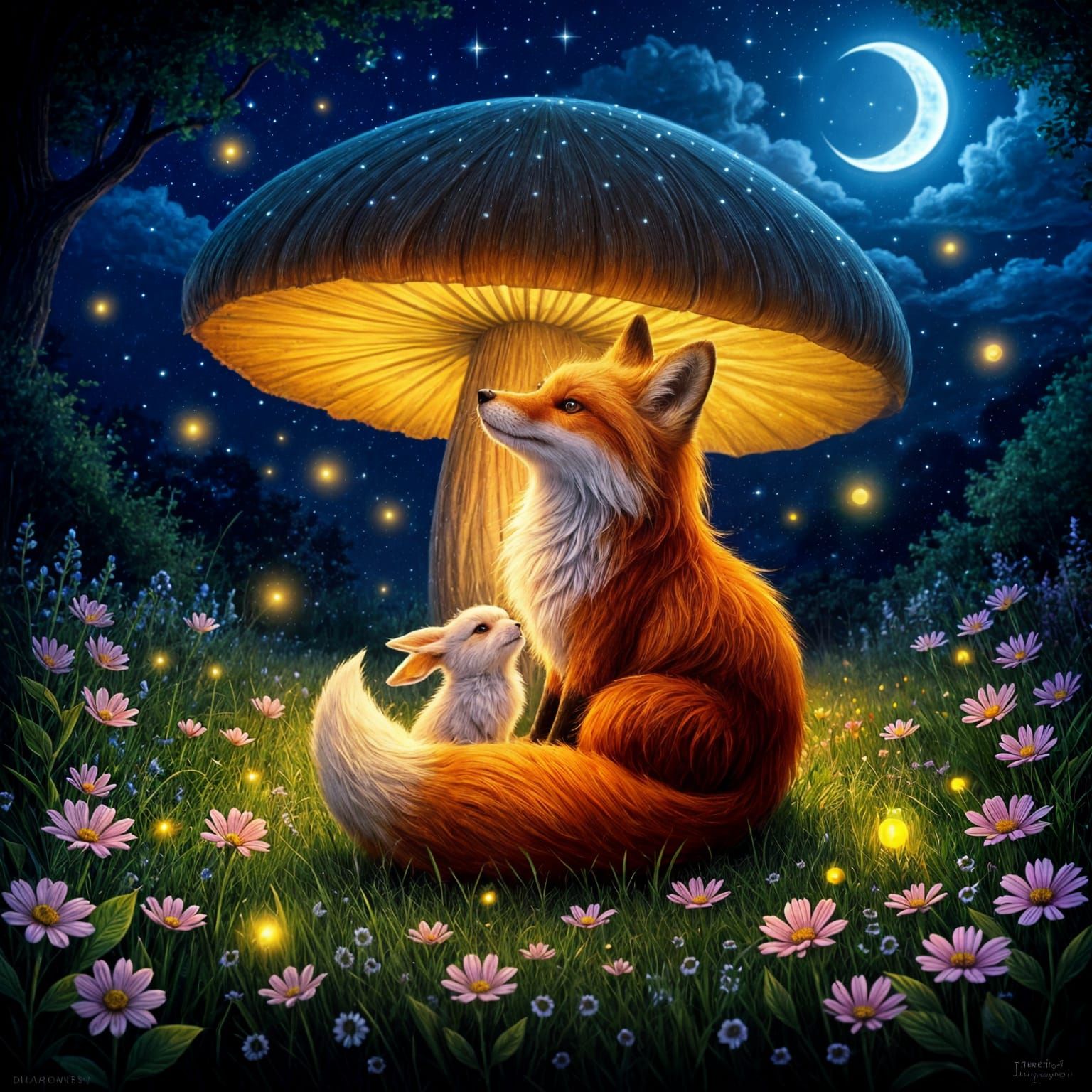 Magical Forest Scene With Fox and Bunny Under Glowing Mushro...