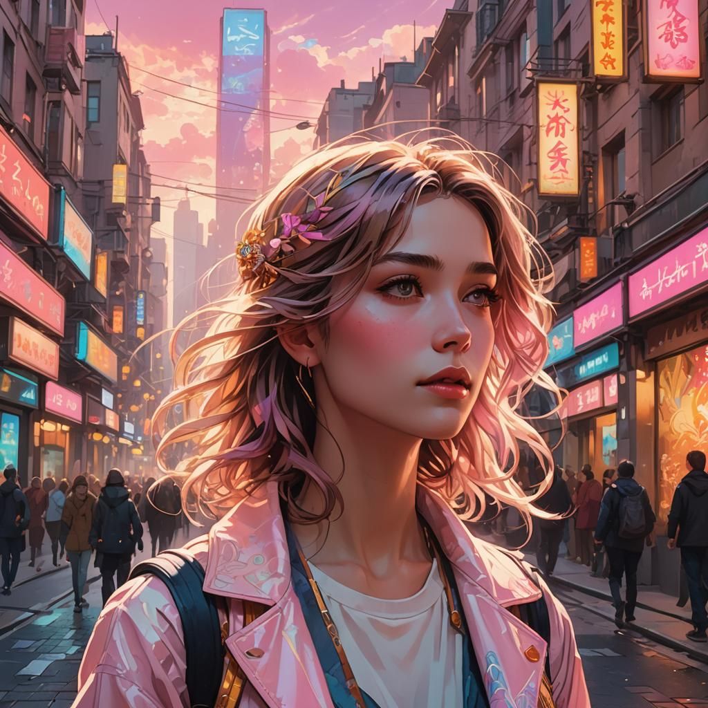 Anime Woman in Cityscape, Alphonse Mucha Style