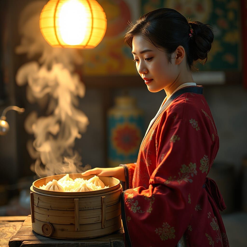 Serene Asian Tradwife Cooking in Vibrant Hanbok