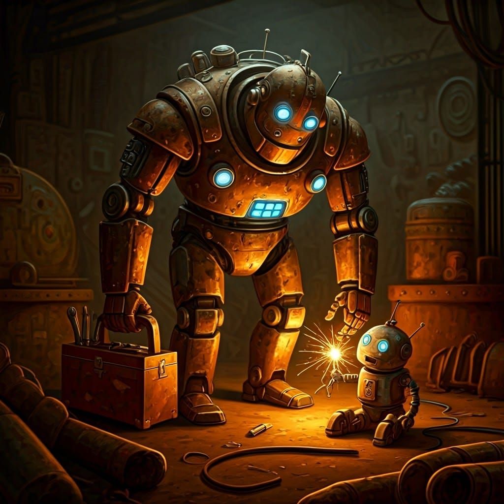 Industrial-Era Cyborg Repairing Robot in Workshop