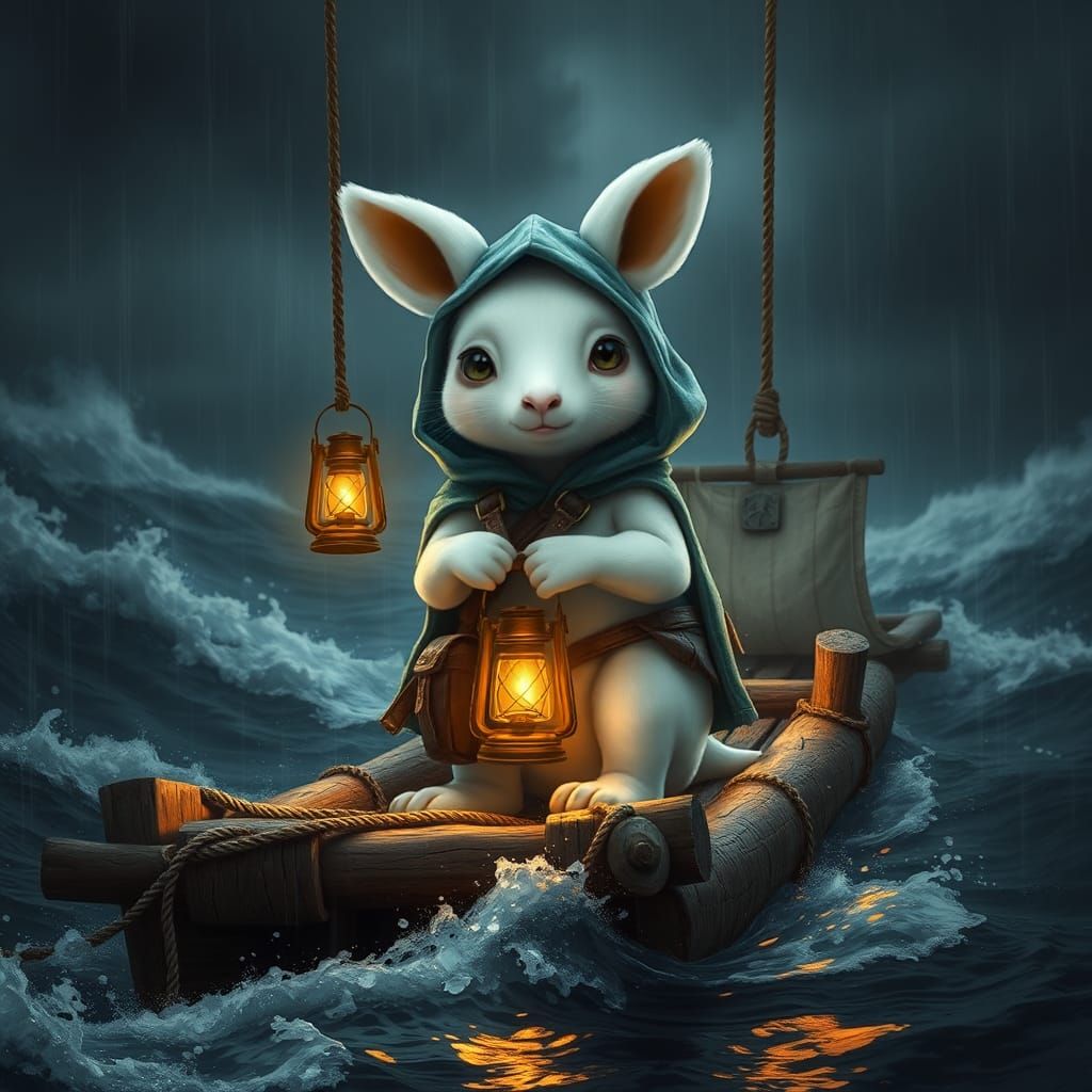 Albino Kangaroo on Stormy Sea Raft
