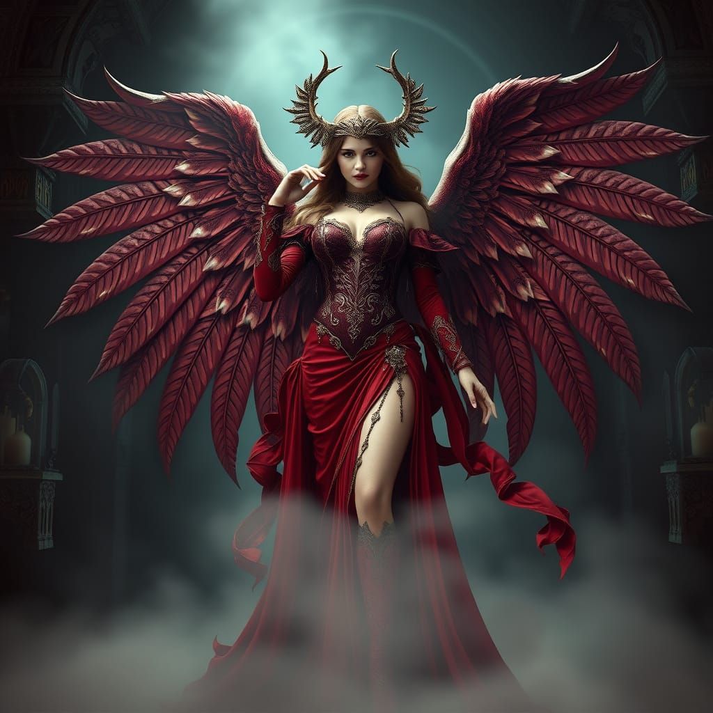 Baroque Angel of Death in Burgundy Splendor