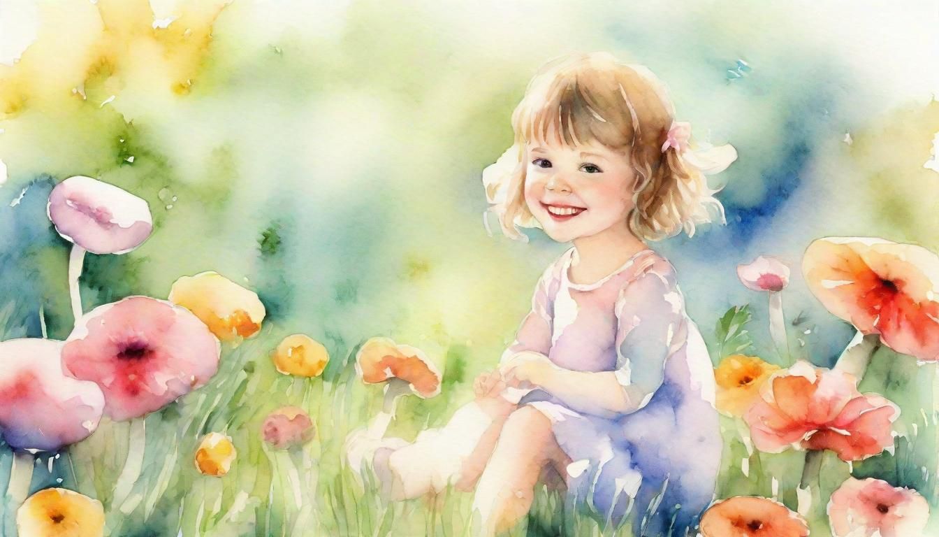 Whimsical Watercolor Portrait of Child on Toadstool