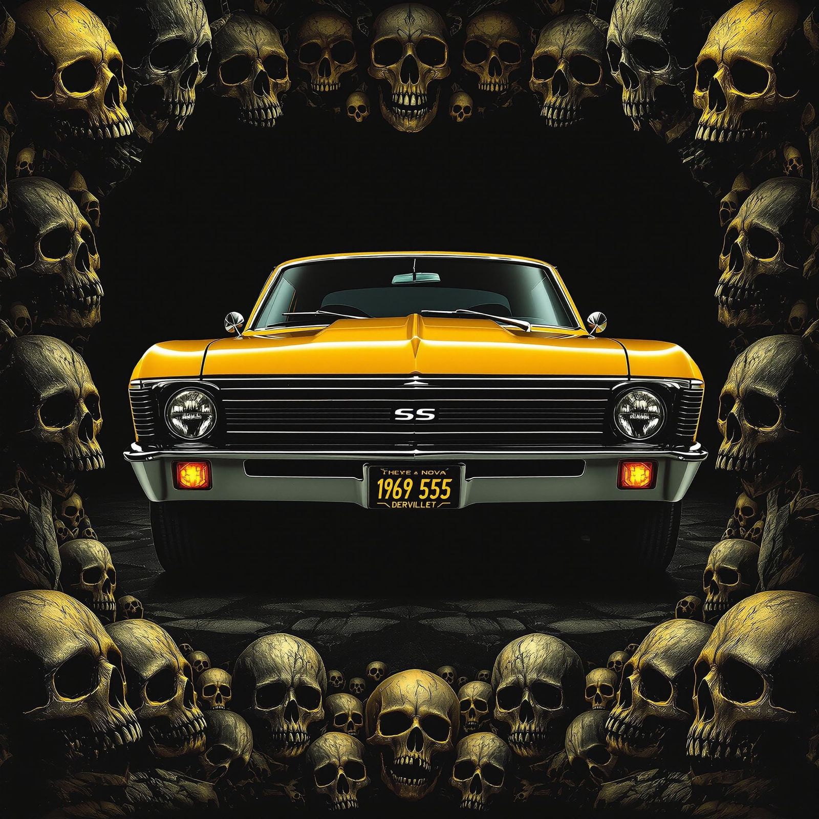 Vibrant 1969 Chevy Nova SS Framed by Macabre Skulls