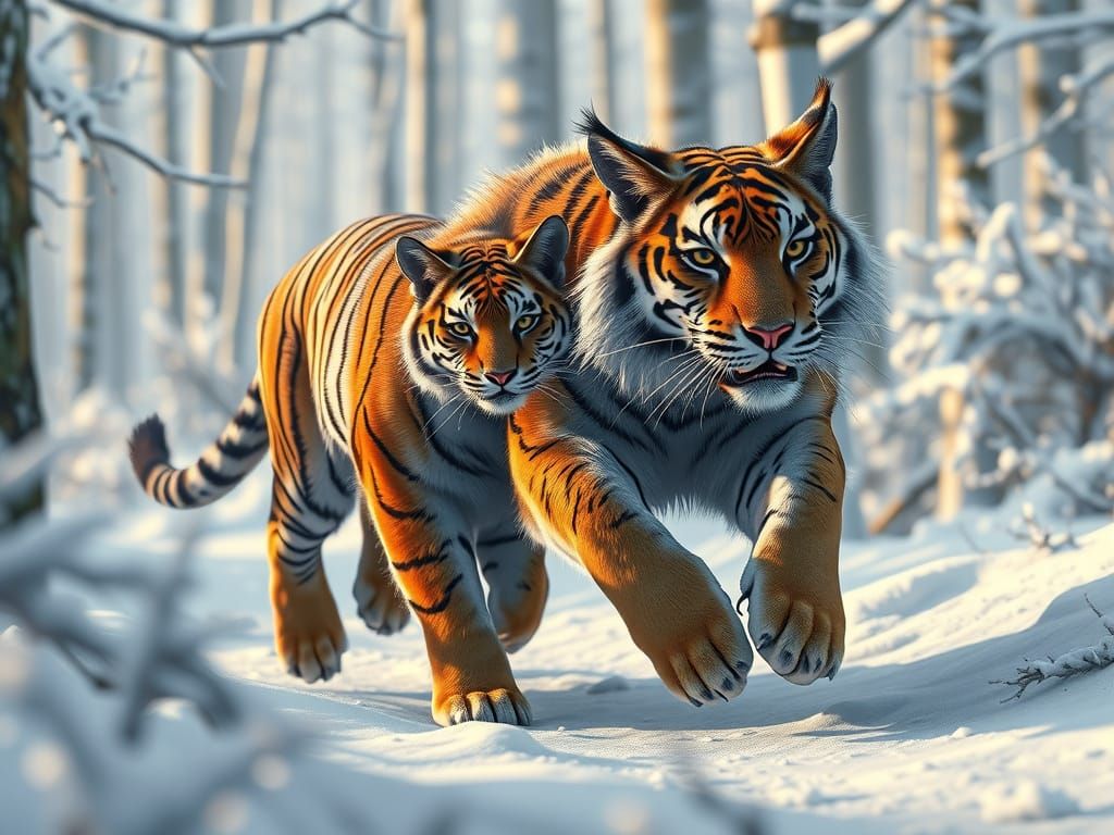 Tiger and Lynx Run in Snowy Forest, 3D Anime Art