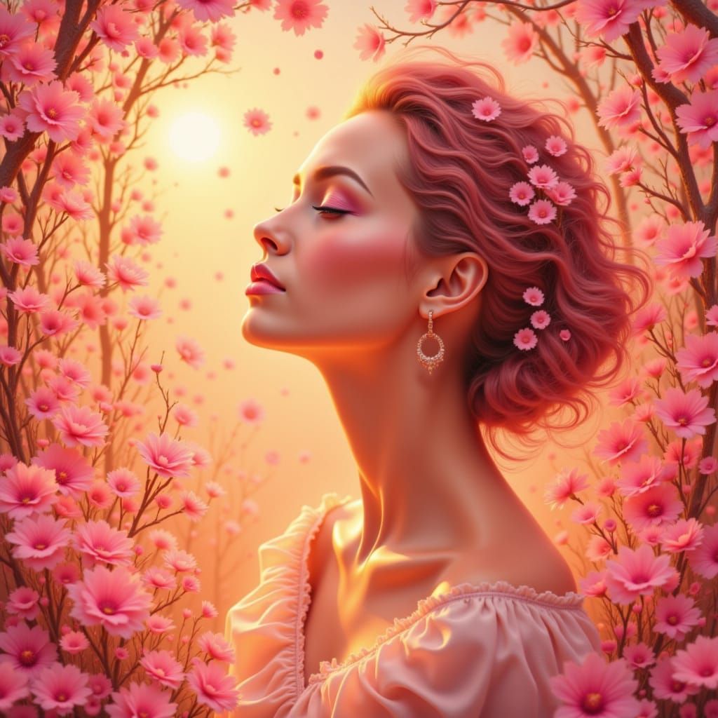 Serene Woman Bathed in Sunset Glow, Art Nouveau Style