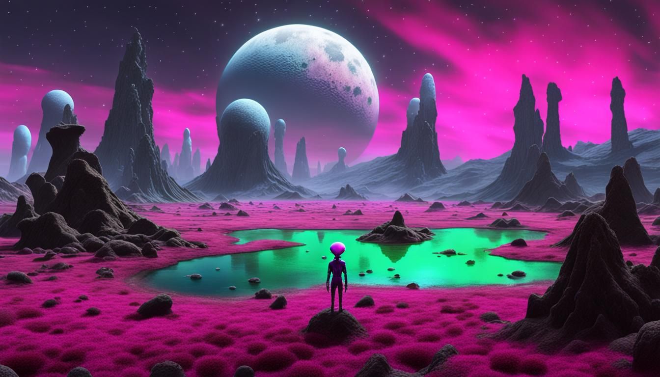 Grey Alien on Strange Planet with Mushrooms