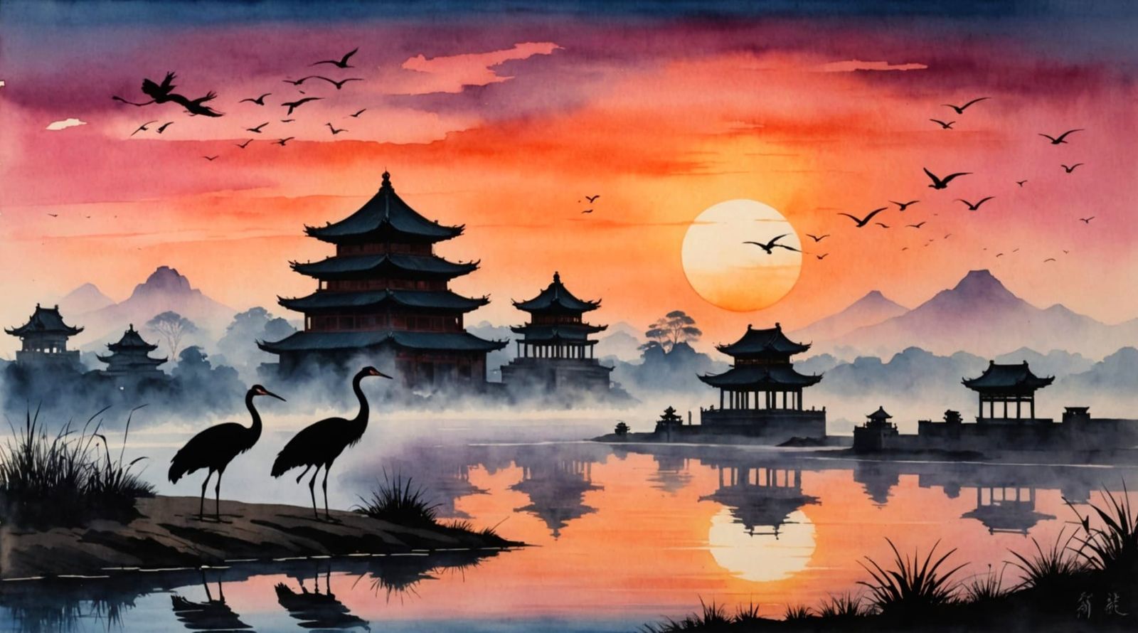 Chinese Crane Silhouette at Misty Sunset in Watercolor