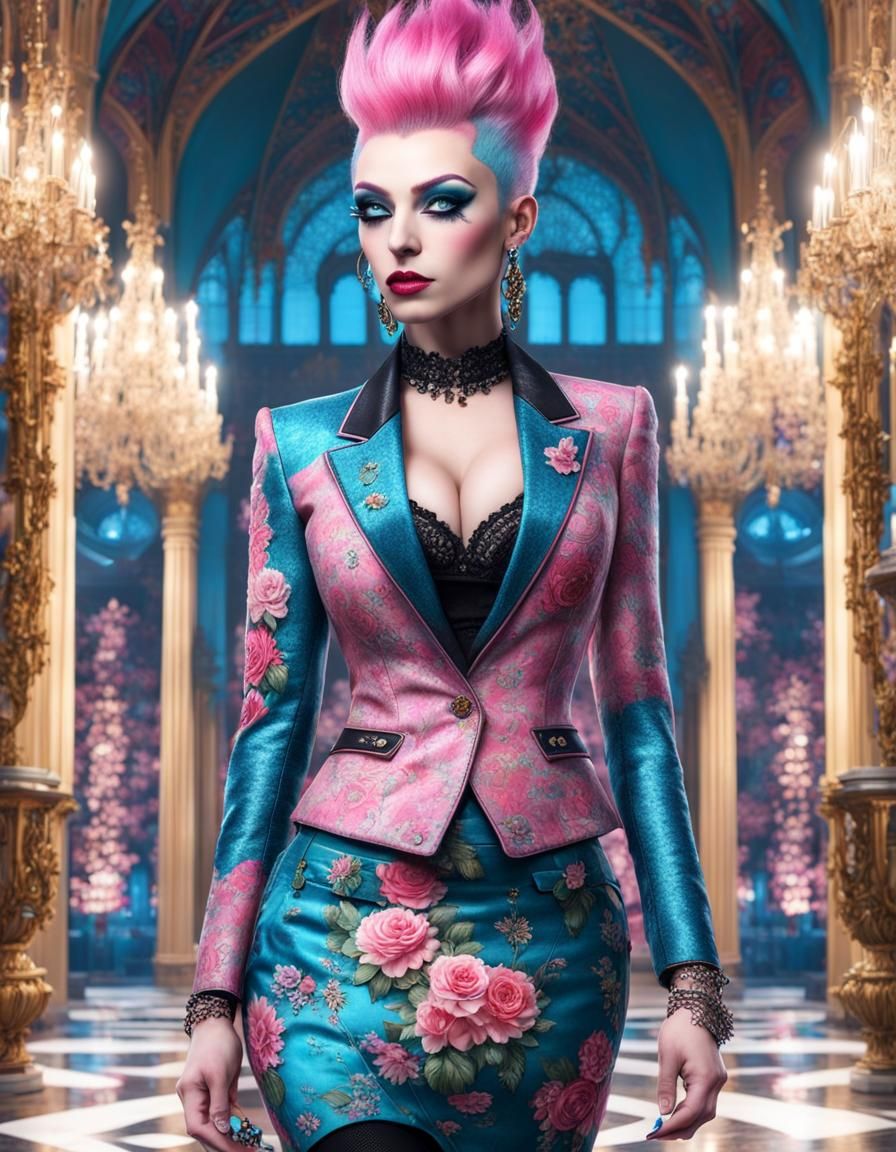 Punk Girl with Pink Mohawk in Flowery Palace