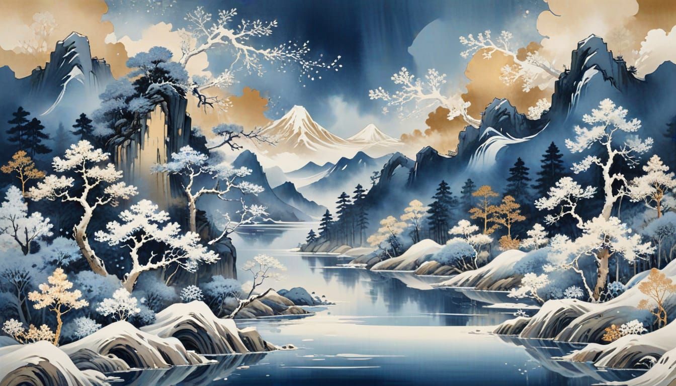 Winter Mountain Lake in Chinese Ink Painting