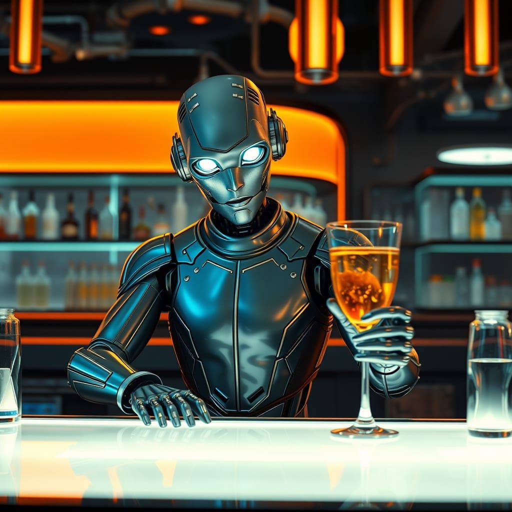 Sympathetic Android Bartender in Cyberpunk Bar