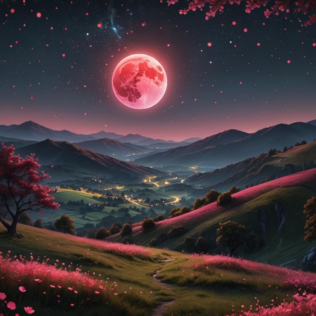 Red Moon Rising Over a Glowing Meadow