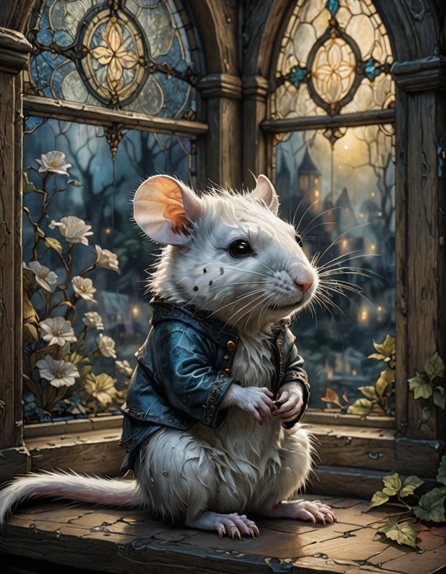 Anxious Rat Stares out Stained-Glass Window