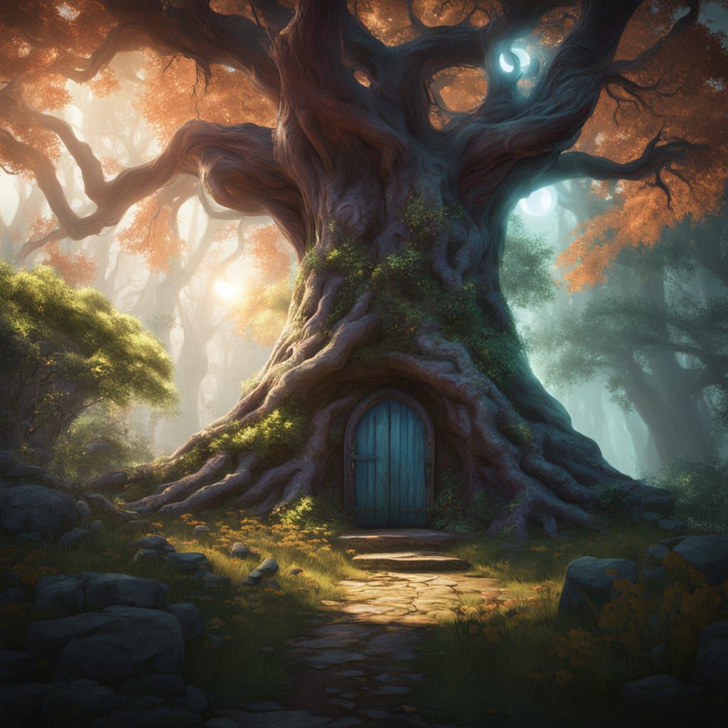 Whimsical Fairy Amidst Ancient Tree and Mysterious Forest Do...