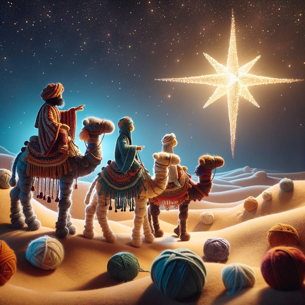 Knitted Stop-Motion Nativity Scene in Desert Landscape