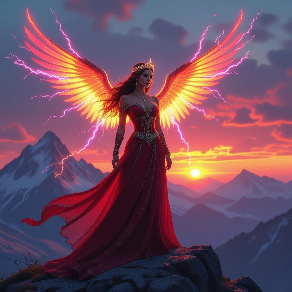 Slavic Woman with Plasma Wings at Sunset