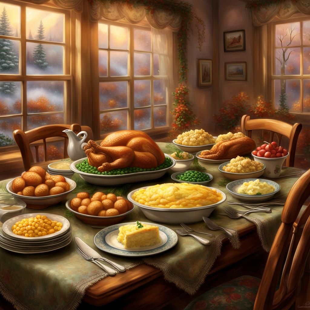 Thanksgiving Feast in a Thomas Kinkade Style