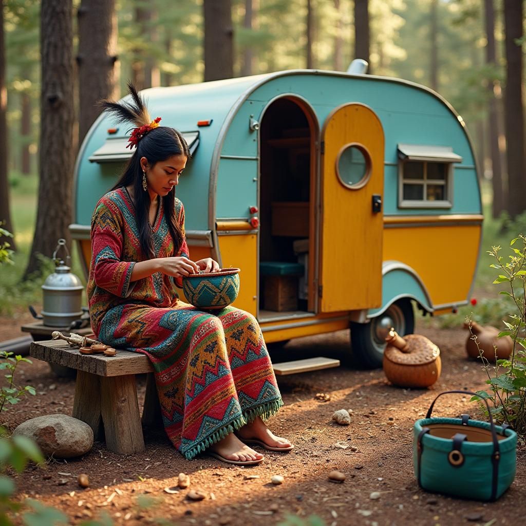 Native American Weaver by Teardrop Trailer