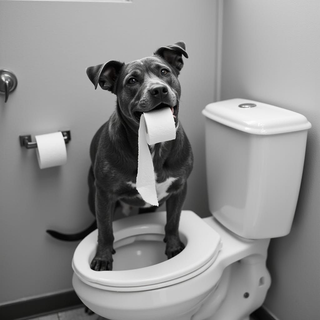 Elegant Bathroom Scene with Blue Heeler