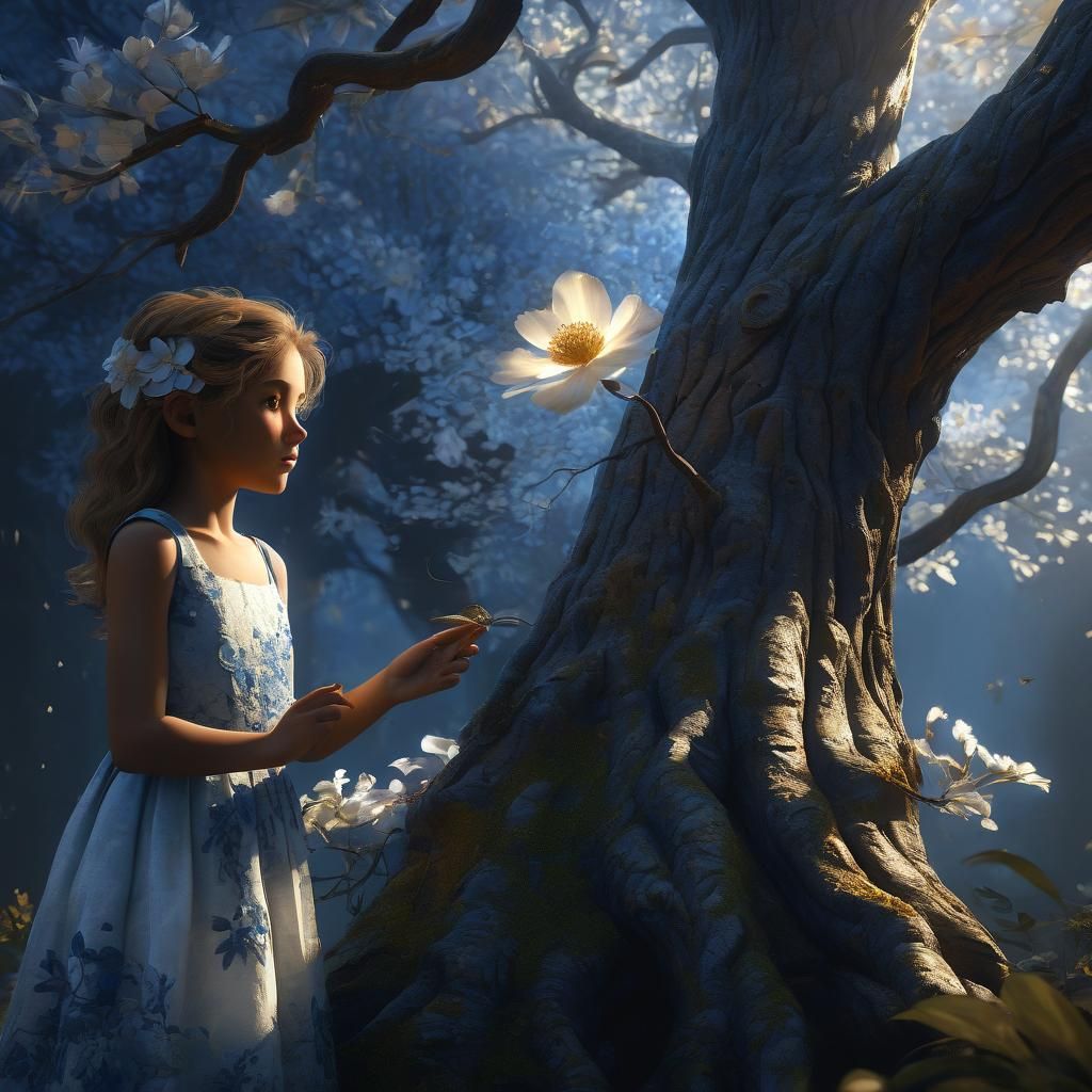 Magical Tree Offering Flower to Girl: Fantasy Art