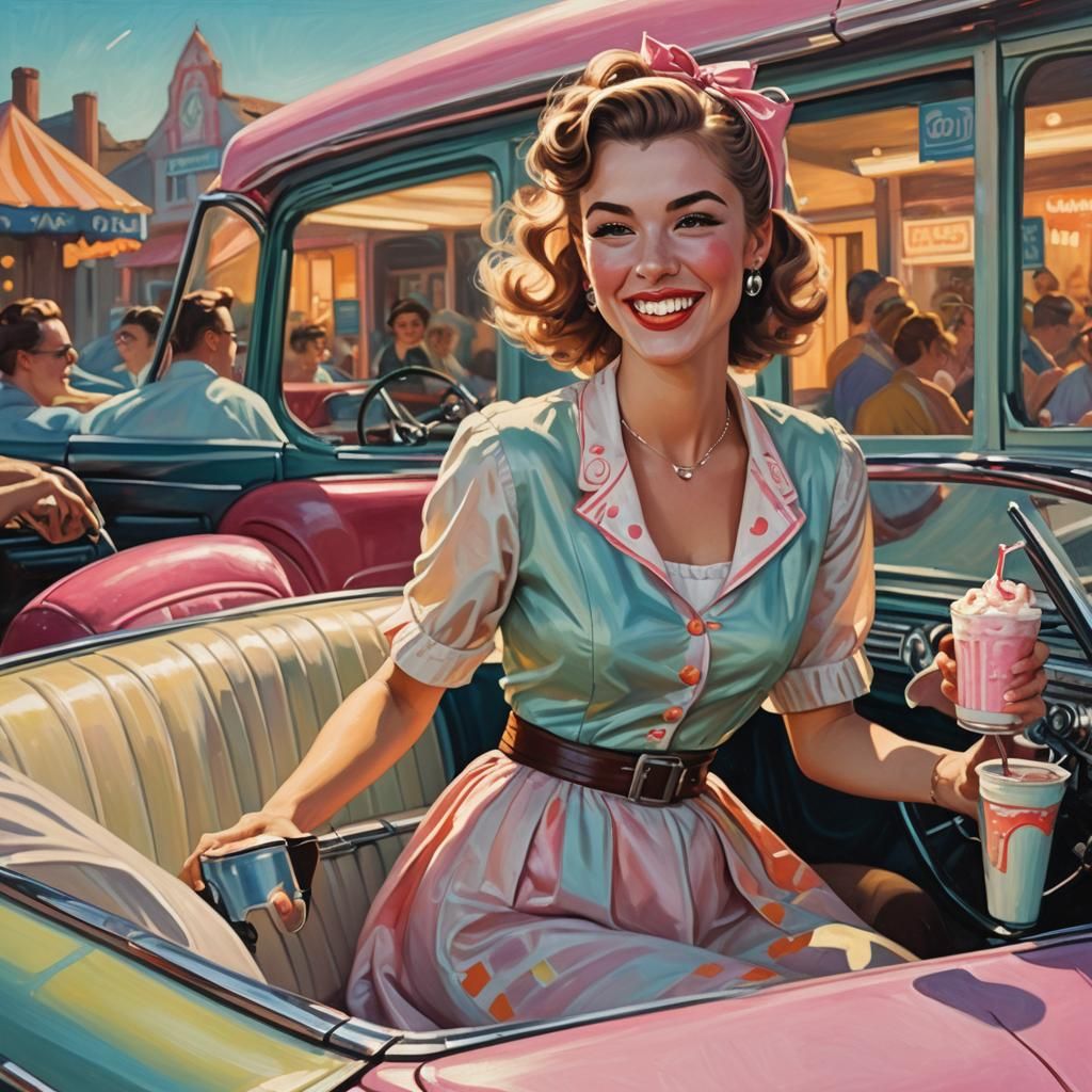 Retro-Futurist Woman with Milkshake in Vintage Car