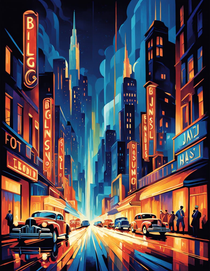 Jazzy Cityscape at Night in Vibrant Oil Painting Style