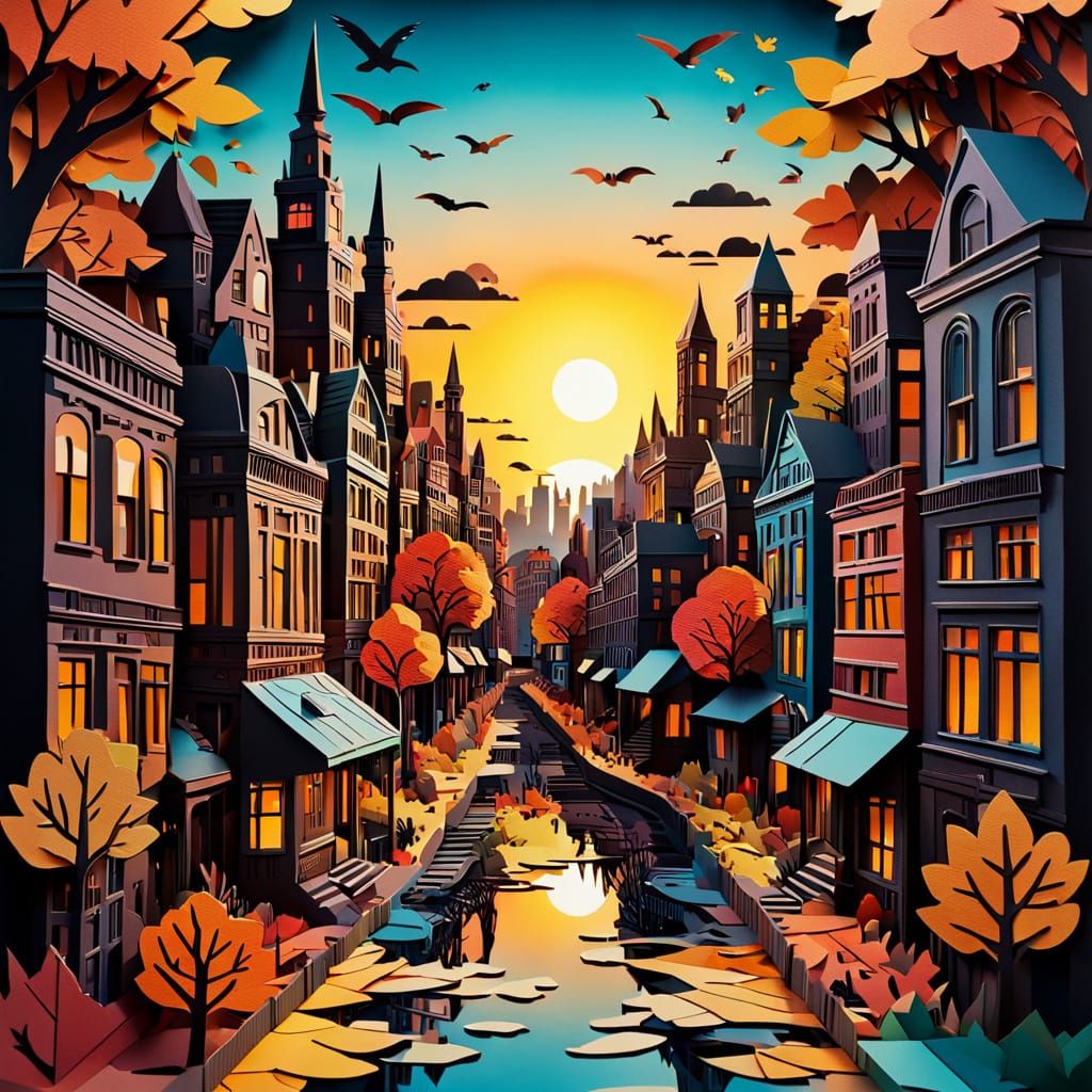 Vibrant Autumn Cityscape Sunset Collage