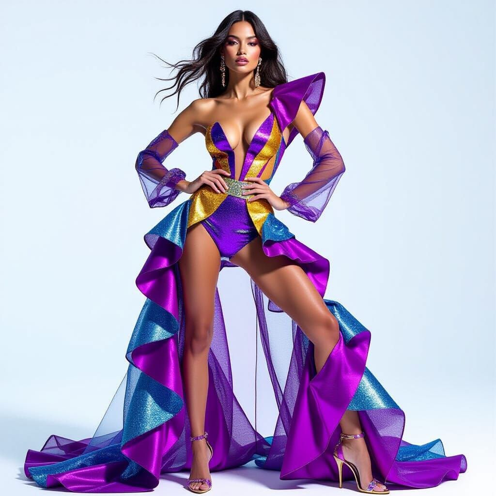 High Fashion Model in Metallic Outfit on White