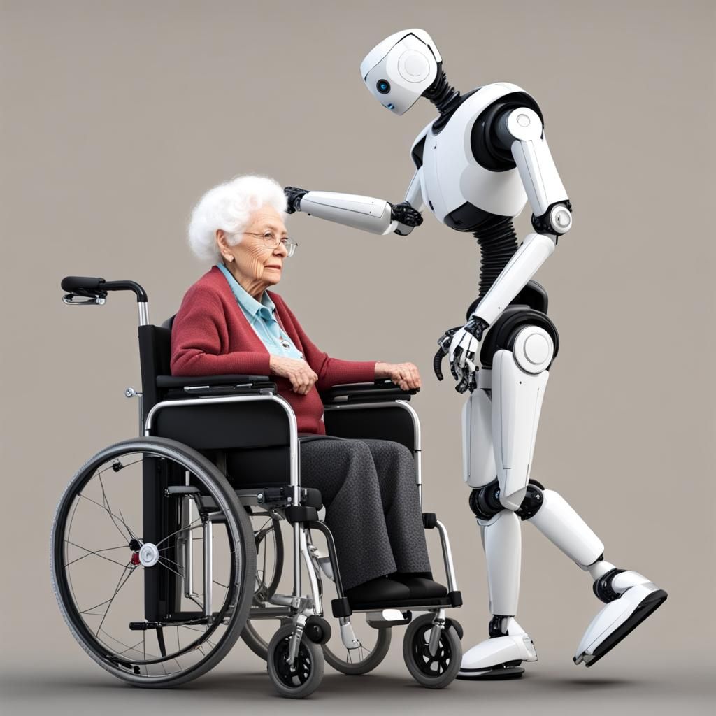 Robotic Old Lady Pushing Wheelchair