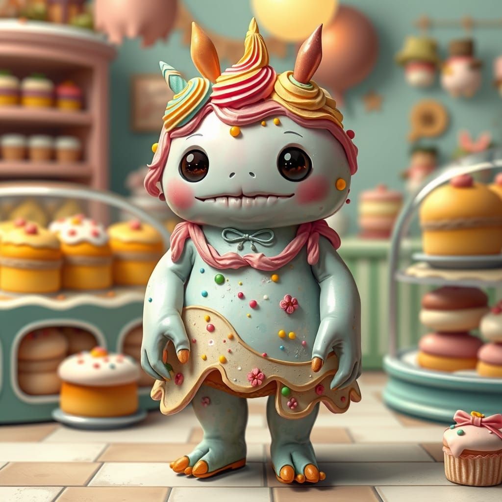 Whimsical Cake Golem in Vibrant Bakery
