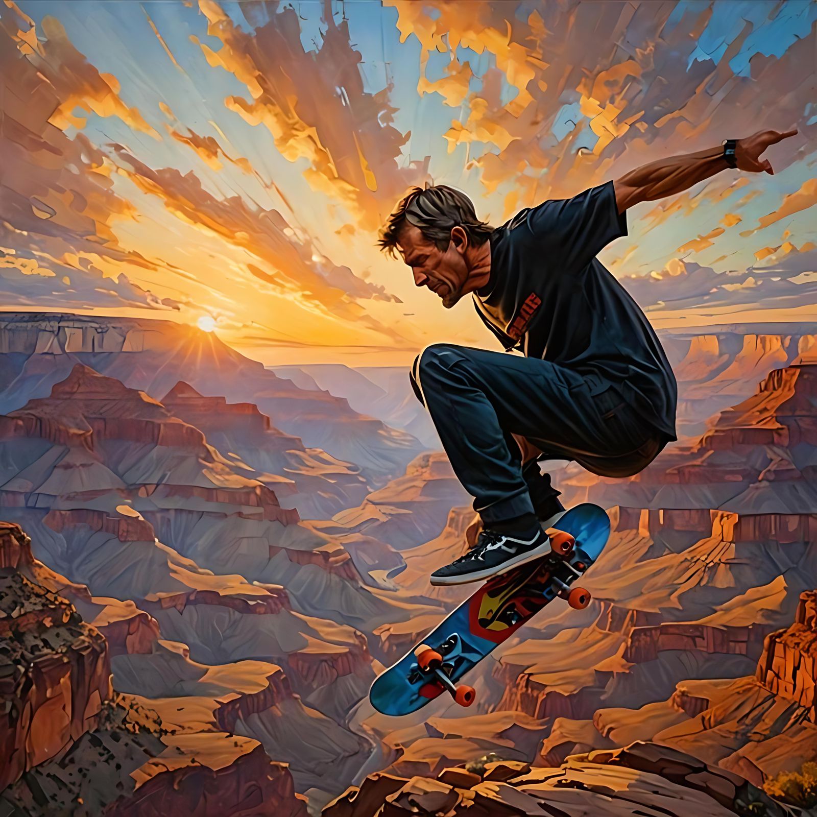 Skateboarder Ollieing Over Grand Canyon at Sunset