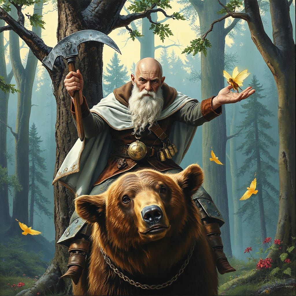 Elder Wizard on Bear in Whimsical Forest