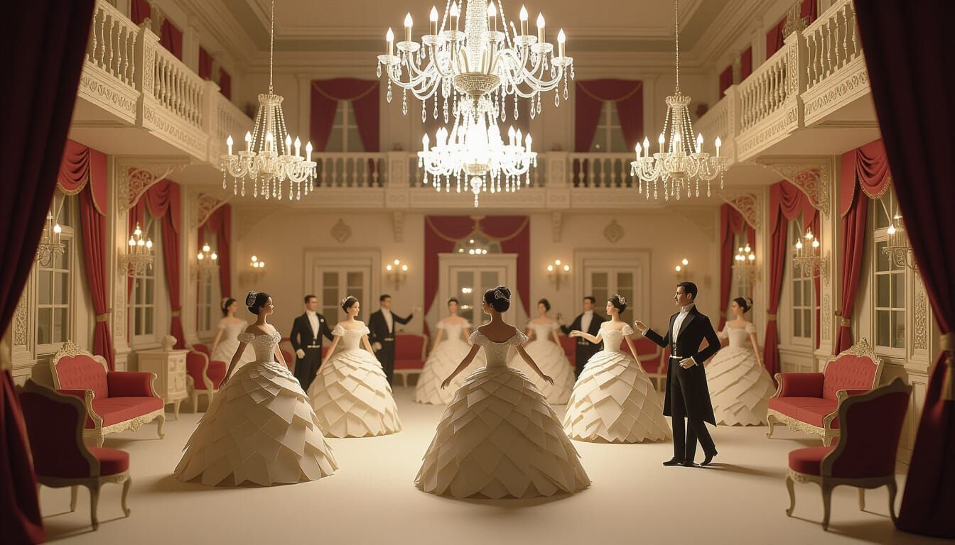 Fantastical Paper Ballroom Scene in Victorian Style