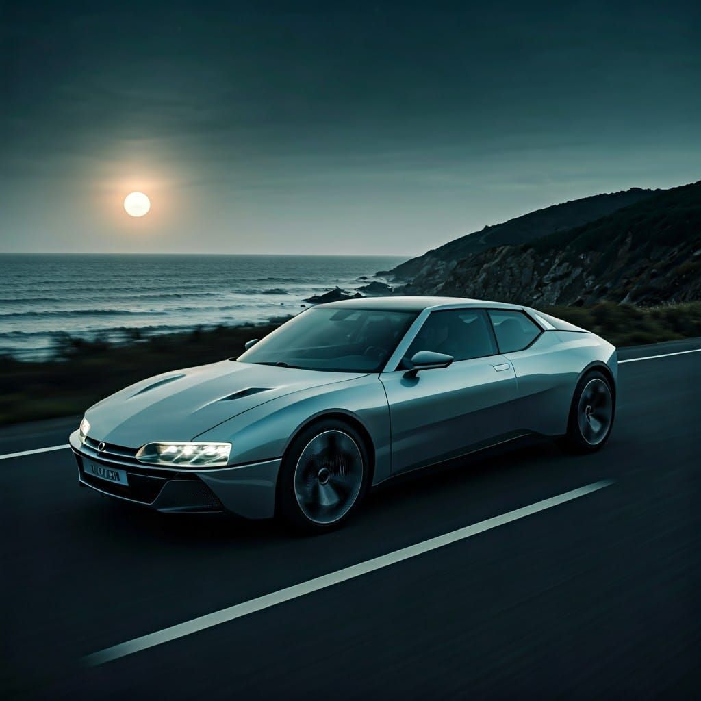 Sleek Silver 2025 Citroën SM Concept Speeds Down Coastal Roa...