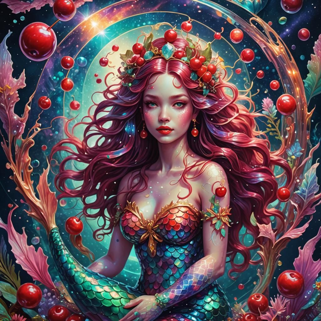 Cherry Mermaid in Holographic Cosmic Illustration