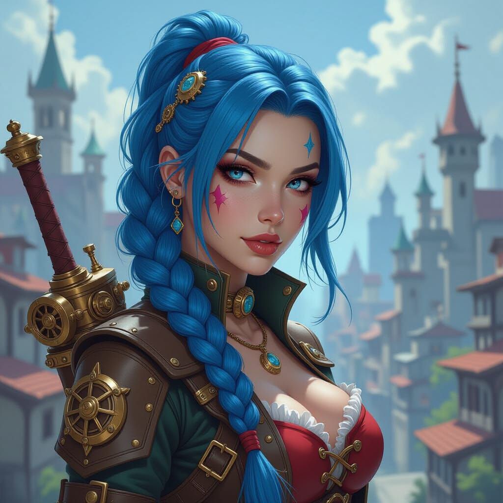 jinx, league of legends in medieval steampunk surreal city
