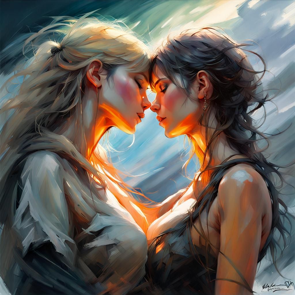 Passionate Lesbian Kiss in Stormy Fantasy Landscape