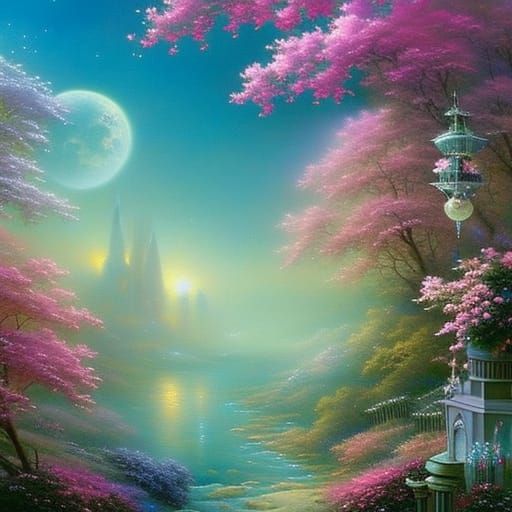 Celestial Garden with Lunar Roses in Ethereal Mist