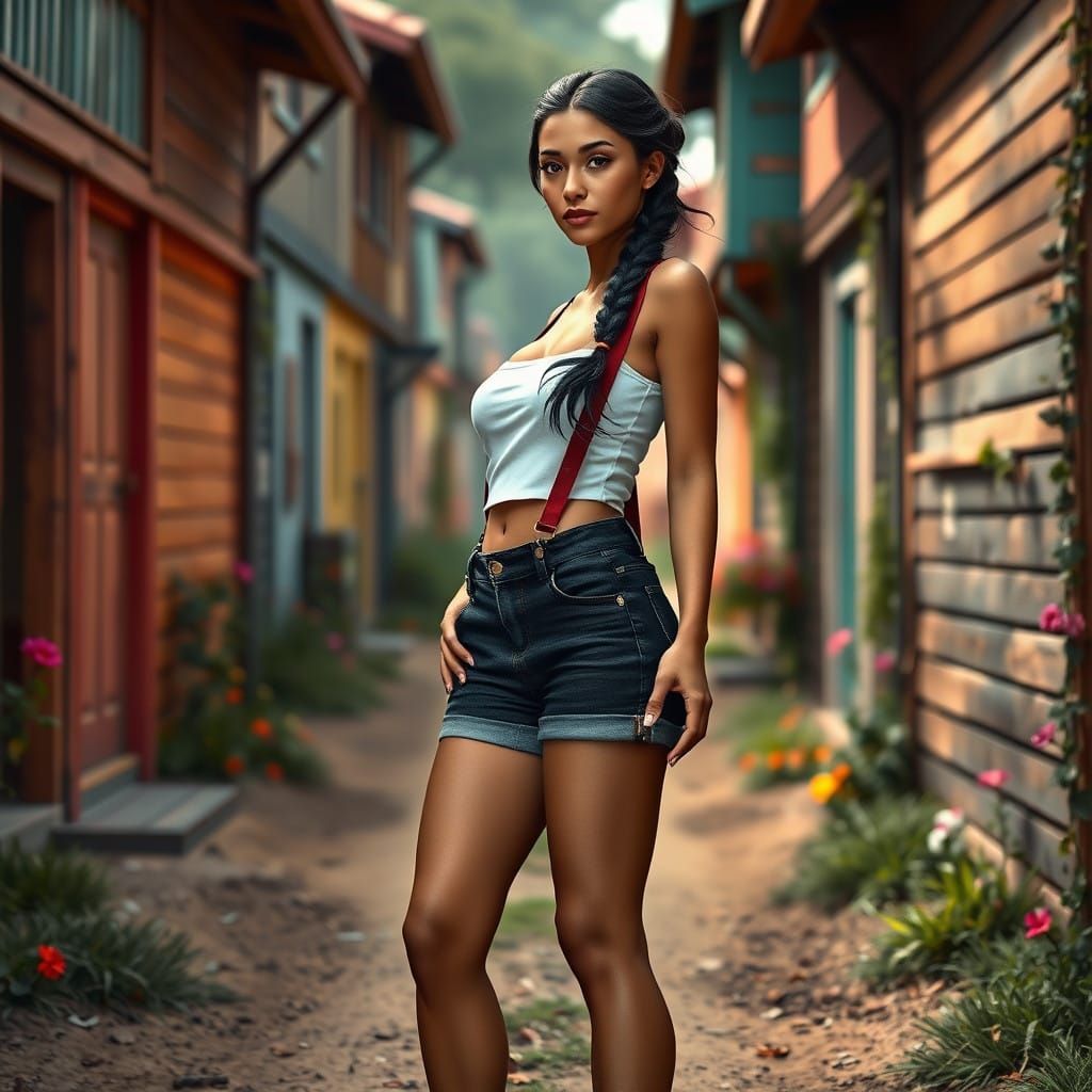 Elegant Mixed-Race Woman in Rustic Village Setting