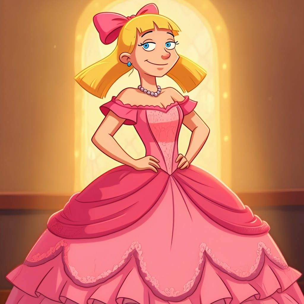 Confident Helga Pataki in Whimsical Pink Quinceanera Dress