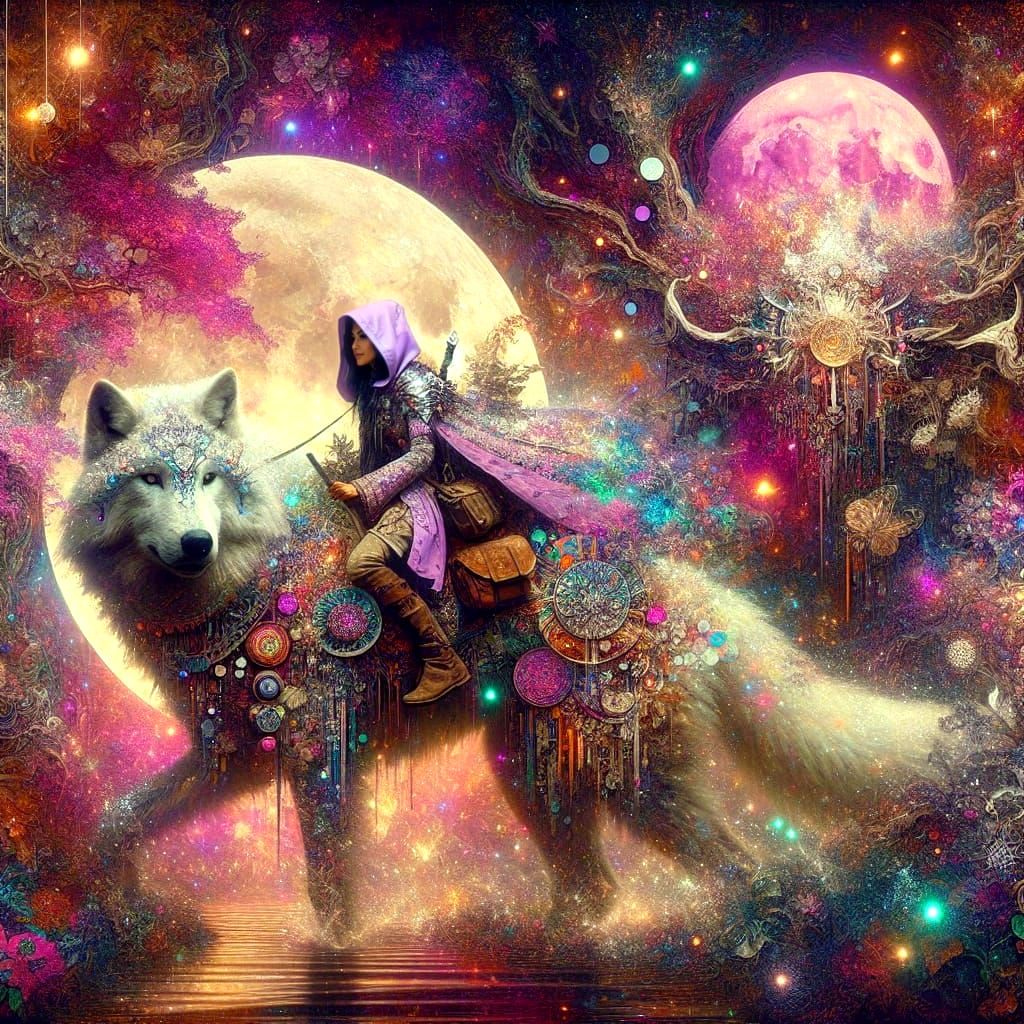 Surreal Cyberpunk Goddess Rides Wolf Through Vibrant Forest